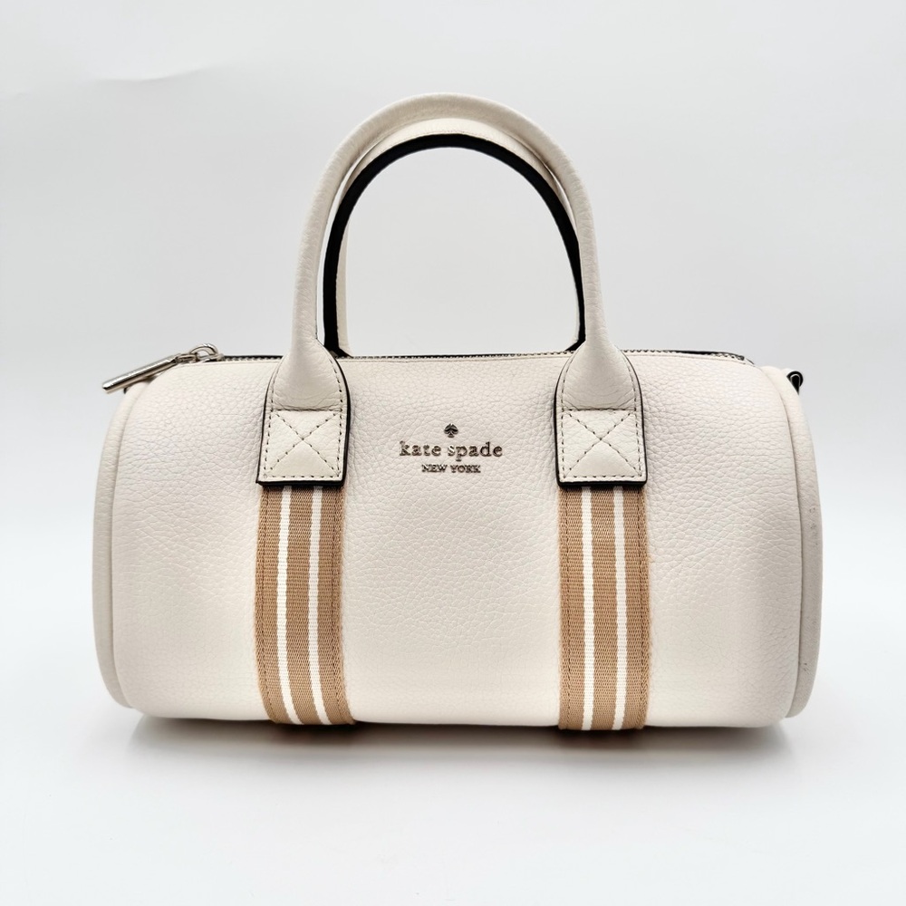 kate spade Rosie Small Duffle Bag- Cream Satchel with Tan Stripe Accent W/ Coin